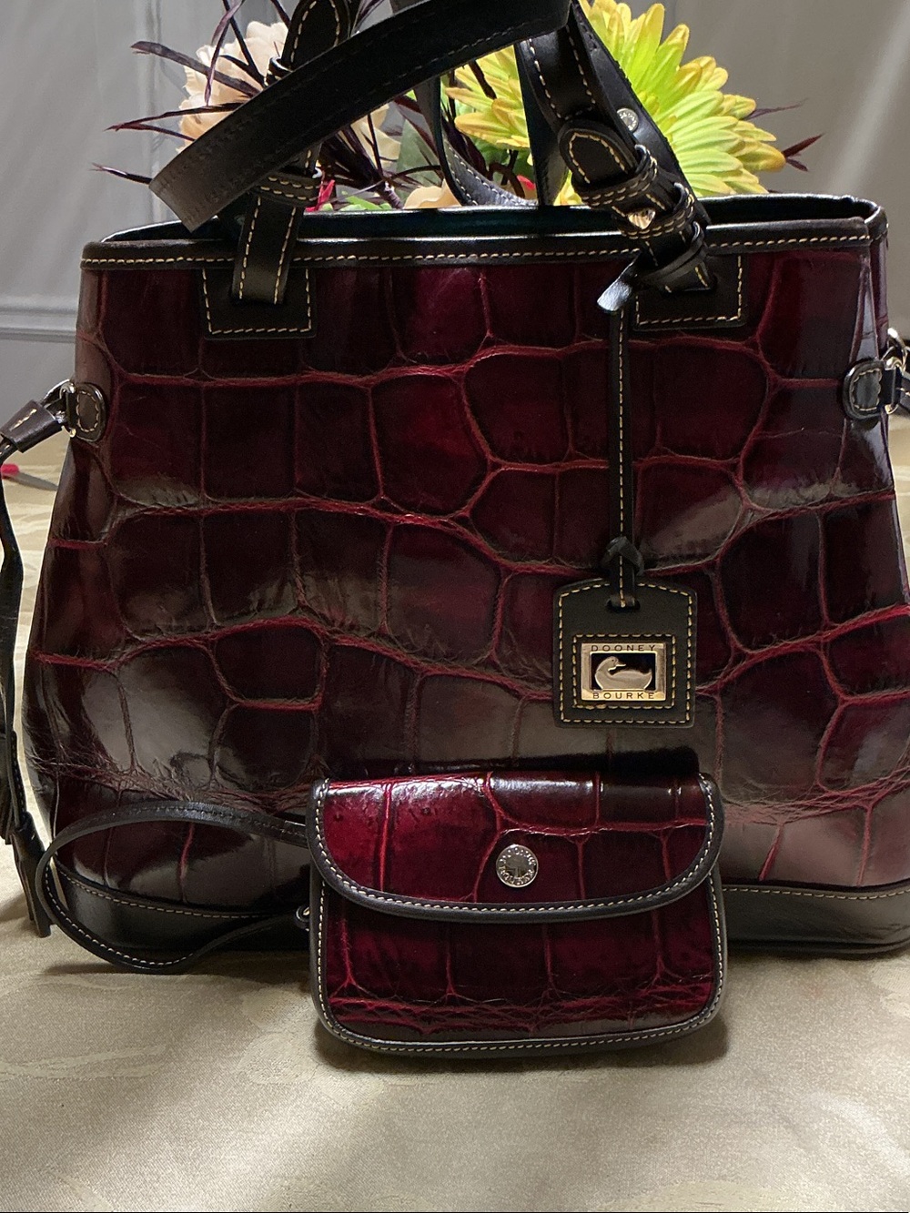 Dooney & Bourke Deep Burgundy Croc-Embossed Leather Tote with Coin Pouch